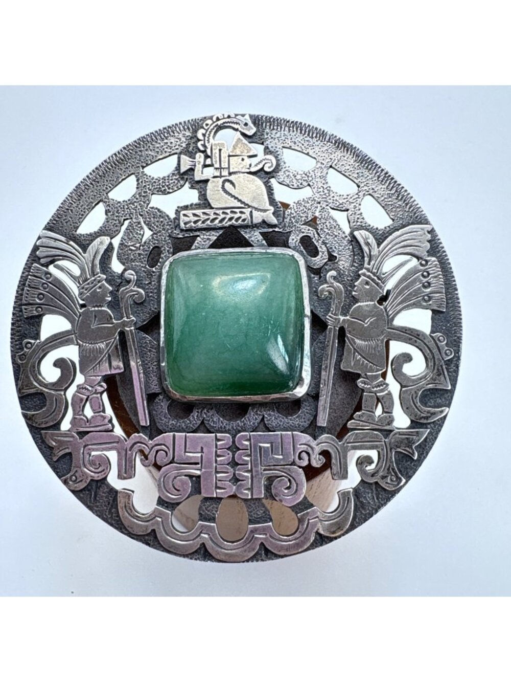 Green Gemstone Native American Brooch Sterling Silver 925 Size 2.5" Length